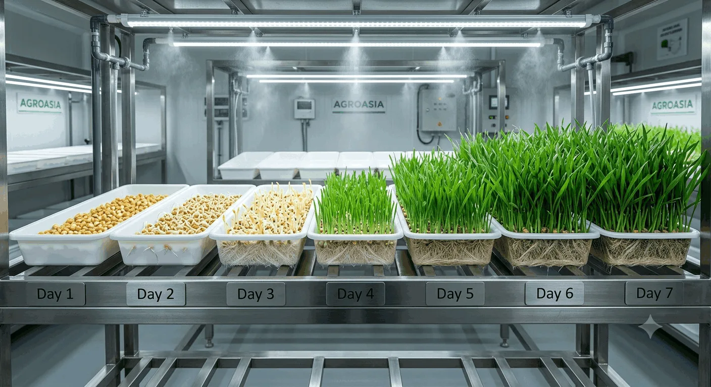 Hydroponic Fodder Machine producing fresh green fodder for dairy cattle in a controlled environment agriculture system